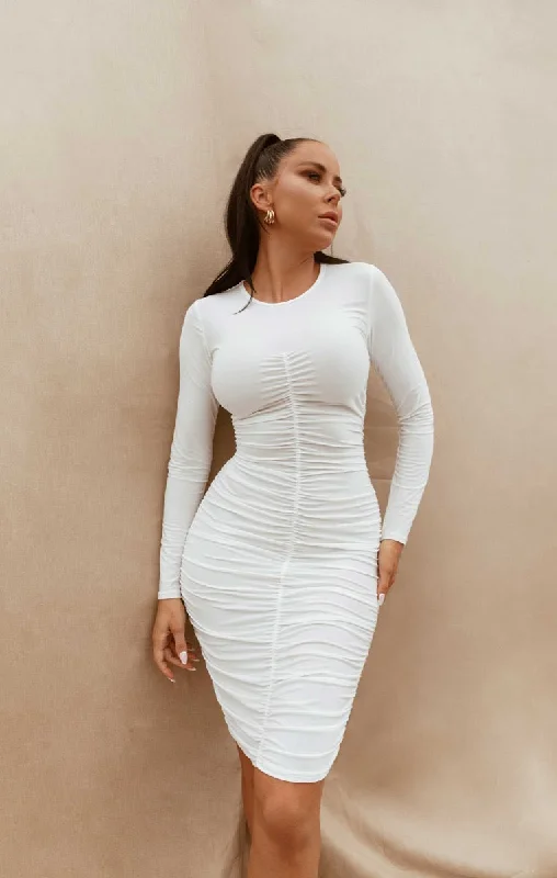 Cream Slinky Ruched Long Sleeve Round Neck Bodycon Mini Dress - Dana