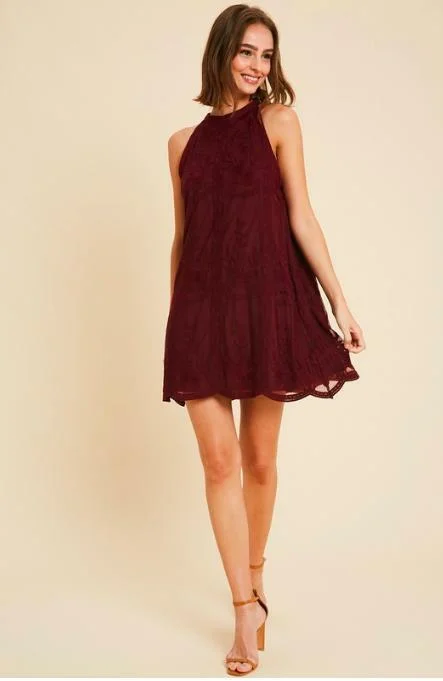 Donna Burgundy Lace Halter Swing Dress