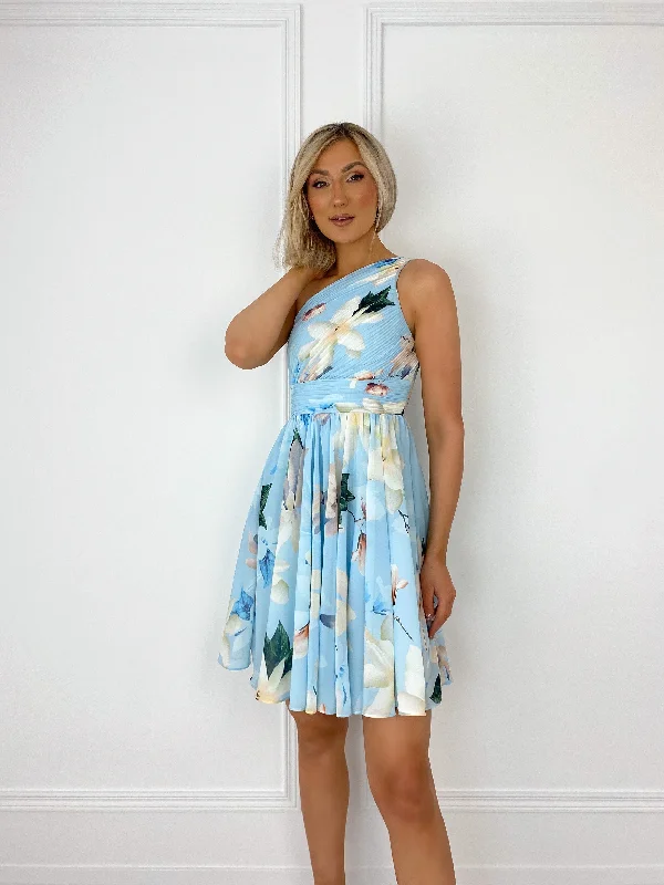 June  Floral Short Dress - One Shoulder Light Blue