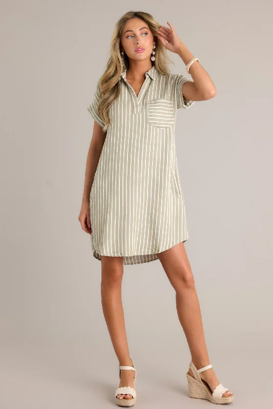 Linear Elegance Olive Green Stripe Mini Shirt Dress