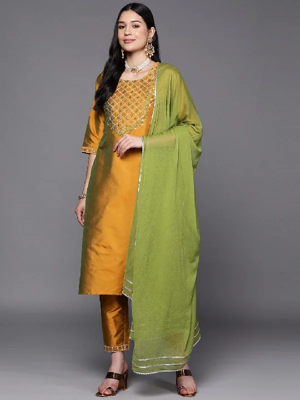 Mustard Yoke Design Silk Blend Suit Set With Trousers