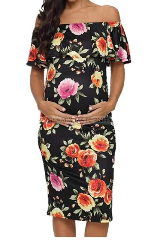 Off Shoulder Floral Maternity Bodycon Dress